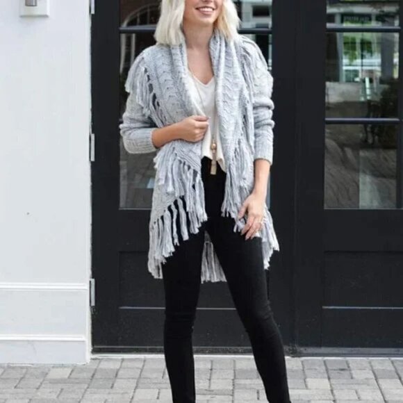 BB Dakota Karli Fringe Cream Long Cable Knit Wool Shawl Cardigan Coastal Duster - Picture 2 of 16